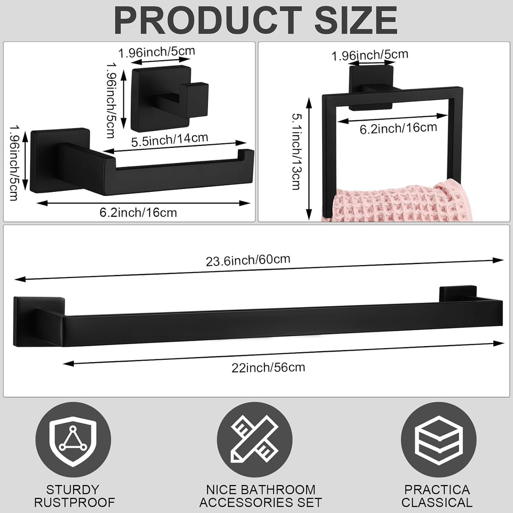 black bathroom hardware accessories bath towel bar set, close-up detail