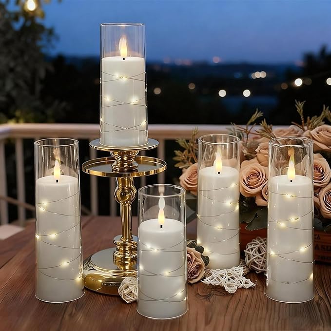 Raycare Flameless Candle with Remote Timer, 7 Flickering Acrylic Battery Operated LED Pillar Candles with Embedded Star String for Halloween, Home Decor, and as a Gift(White) (7 Pack)