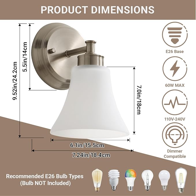 LOUSACE 2 Pack 1-Light Brushed Nickel Bathroom Lighting Fixtures Vintage