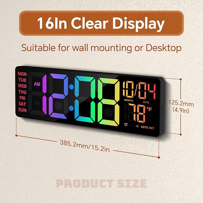 16" Digital Wall Clock with Night Light, Digital Clock with RGB Colors Changing