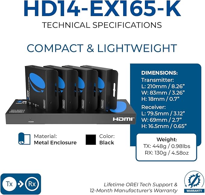 OREI 4K 1x4 HDMI Extender Splitter Over CAT6/7 Ethernet Cable Up to 4K@30Hz