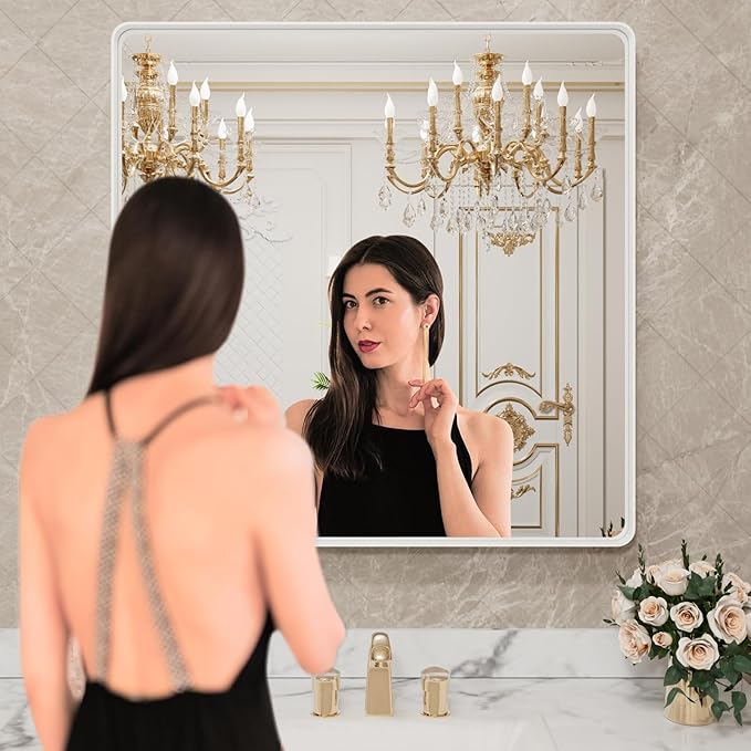 LOAAO 30x30 Inch White Metal Framed Bathroom Mirror