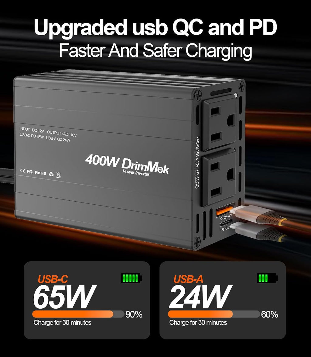 400W Car Power Inverter 12V to 110V AC｜24W+65W USB C, Laptop Charger