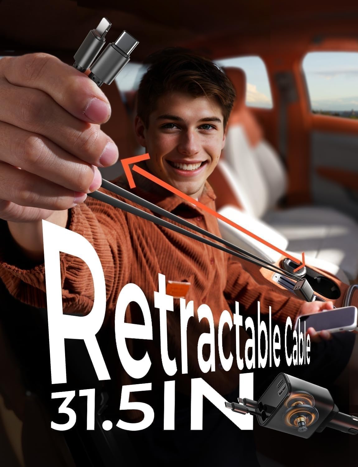 lisen retractable car charger 4 in 1 for, close-up detail