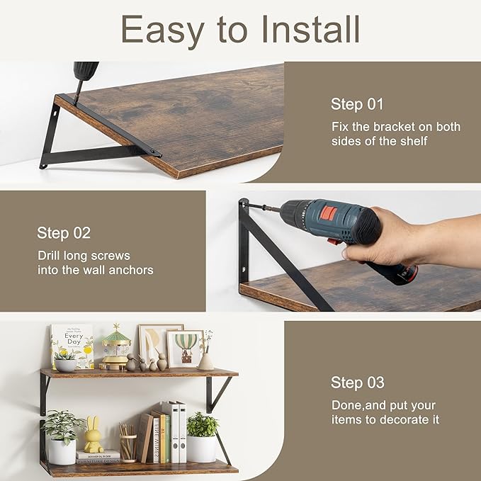 12 Inch Deep Floating Shelves, 48W x 12D Floating Shelves, Deep Wall Shelves (Set of 2)