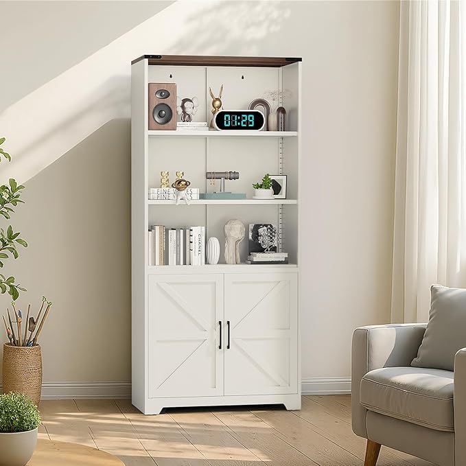 VINGLI Bookcase with Doors and Adjustable Shelves, Steel 70" Tall Bookshelf
