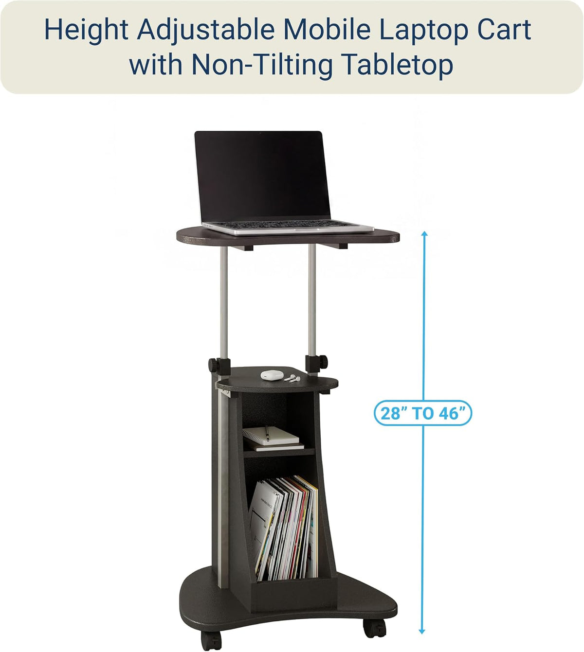 Techni Mobili Adjustable Height Rolling Laptop Cart with Storage, Graphite