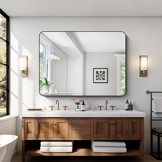 Bathroom Mirror, 48x36 inch Black Rectangle Wall Mirror, Metal Frame Rounded