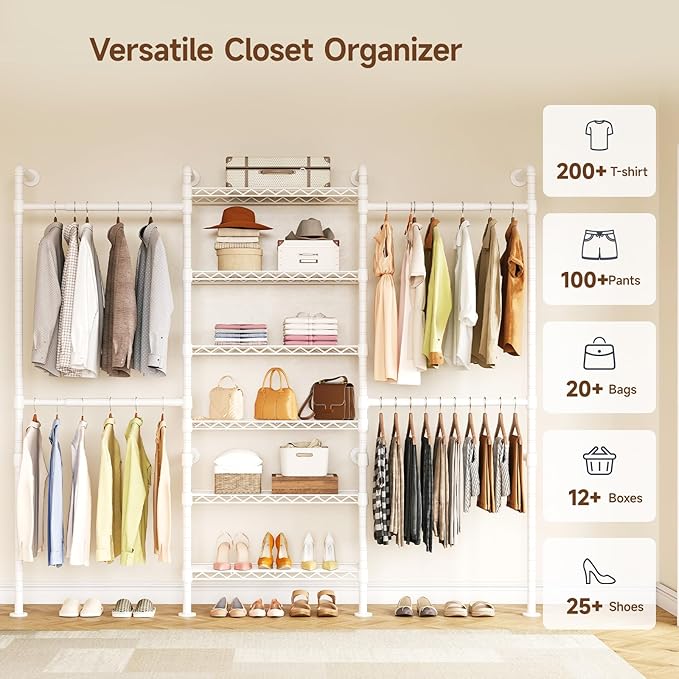 ONBRILL H3 Wall Mounted Closet System, Expandable Industrial Pipe Clothes Rack