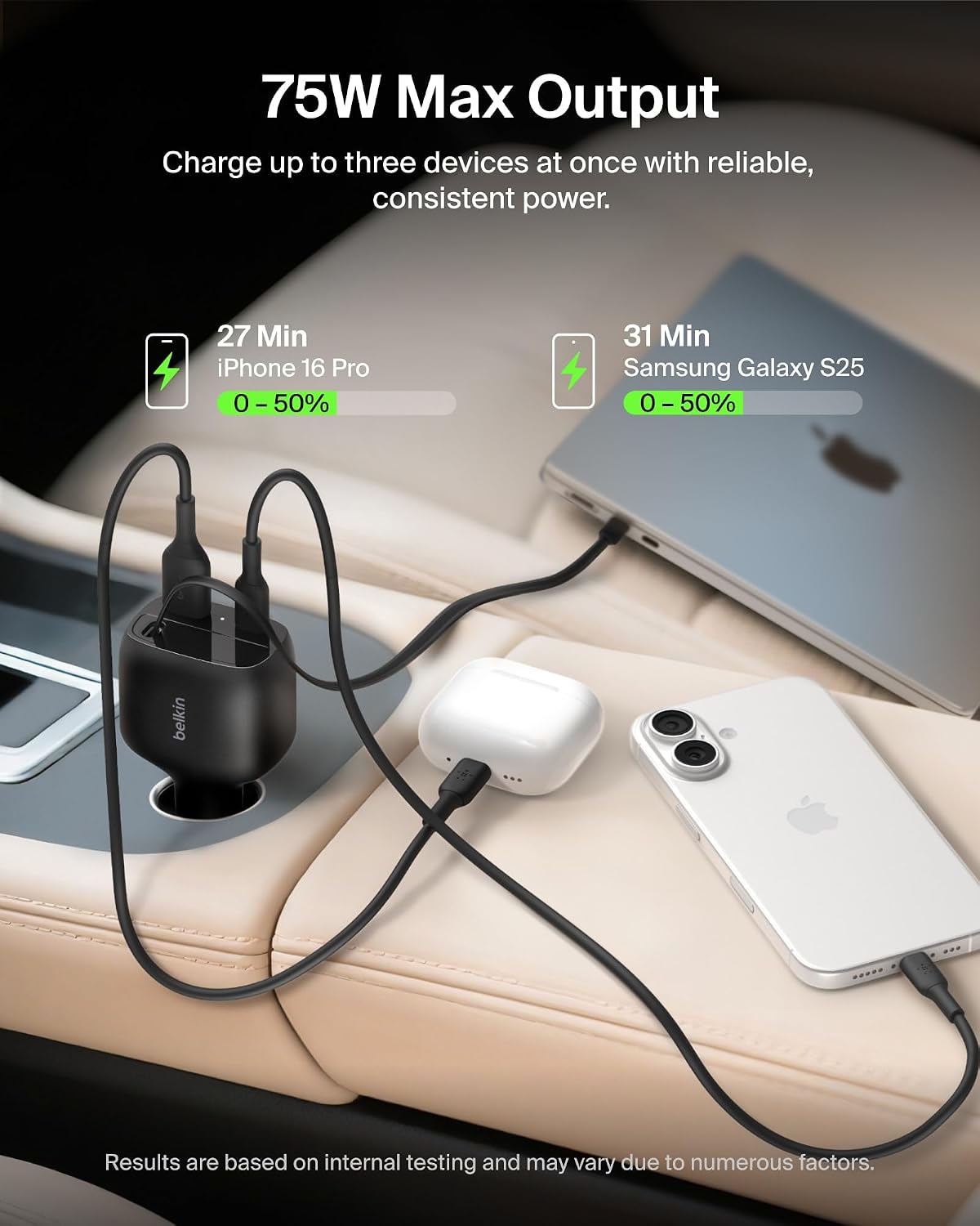 belkin 75w usb c car charger, with 2.5ft., close-up detail