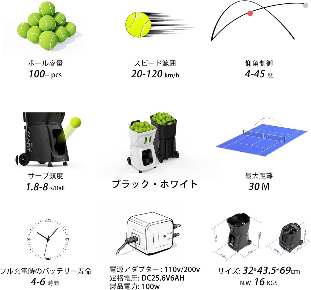 Smart Tennis Ball Machine PT-SMART PRO - 100+ Ball Capacity, Full APP Control, Internal Spin Serve, Ideal for Training & Matches