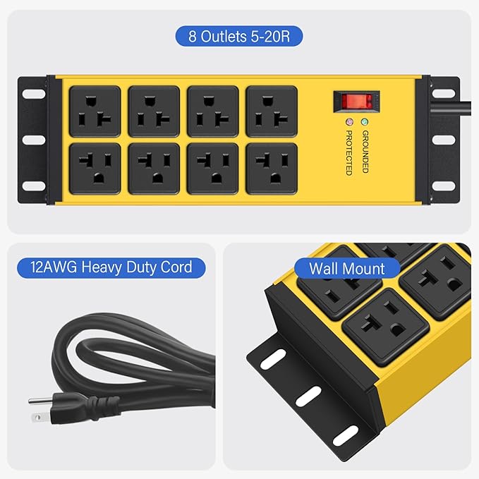 CCCEI 2PCS Heavy Duty Power Strip Surge Protector 20 AMP, 8 Outlets 12 Gauge