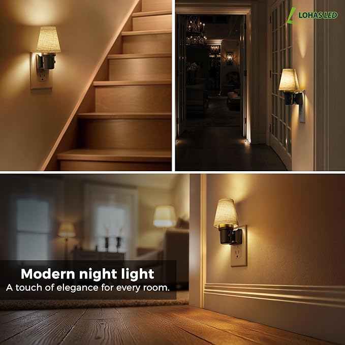 L LOHAS LED Night Lights Plug into Wall, 2 Pack Linen Fabric Round Platform