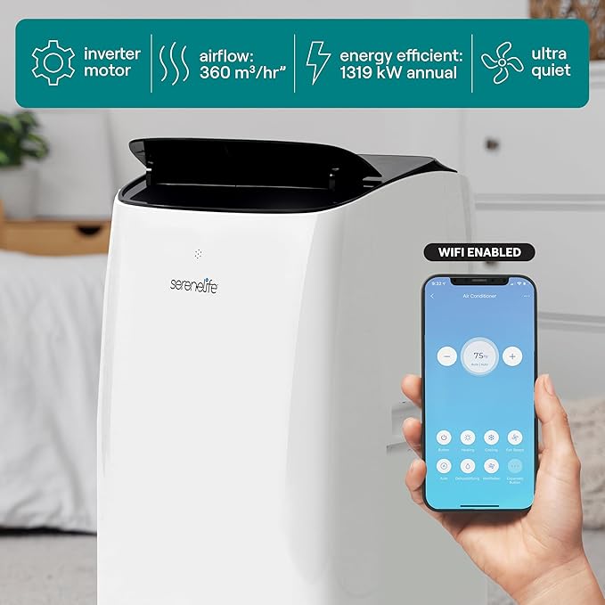 SereneLife 14000 BTU Ultra Quiet Portable Inverter Air Conditioner, Smart
