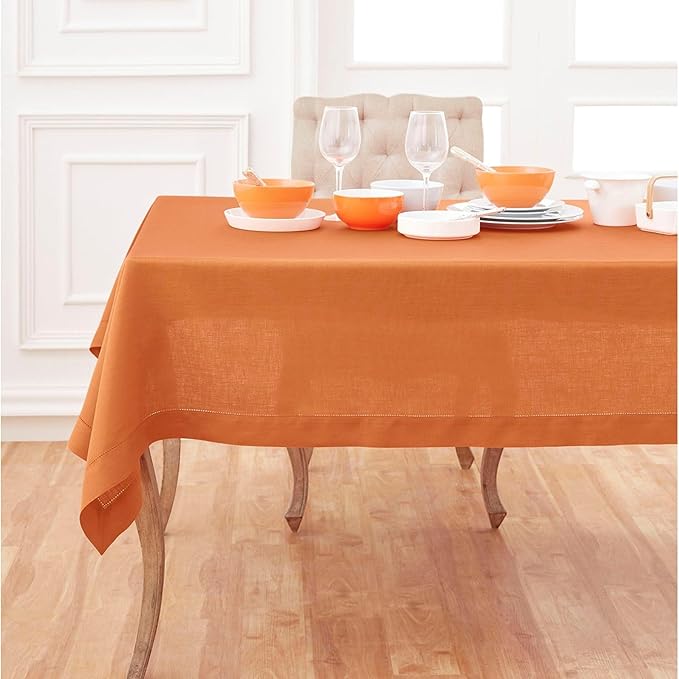 Solino Home Linen Tablecloth 60 x 156 Inch - Classic Hemstitch 100% Pure Linen Pumpkin Table Cloth for Rectangle Tables - Machine Washable Tablecloth for Fall, Autumn, Halloween, Thanksgiving