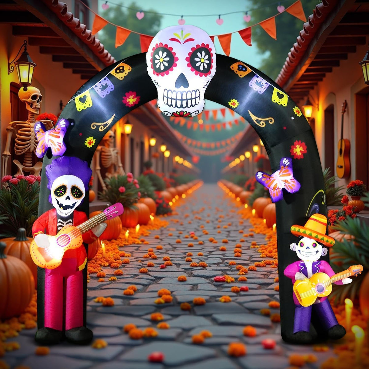 DomKom 8FT Halloween Inflatable Blow Up Decorations Archway, Day of the Dead Inflatable Arch, Dia De Los Muertos Yard Decorations, Sugar Skull Guitar Skeleton, Built‑in LED Lights, Outdoor Lawn Garden