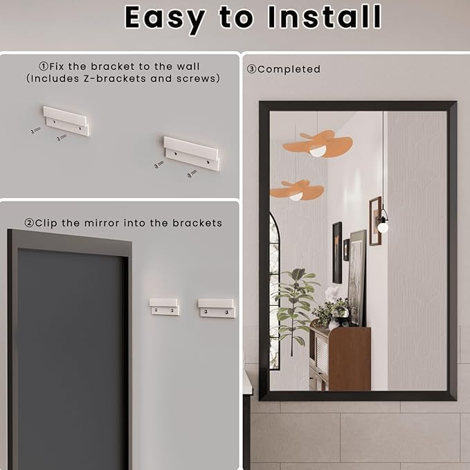 Amorho Bathroom Mirror Black, 30x36 Inch Thick Metal Framed Wall Mirrors