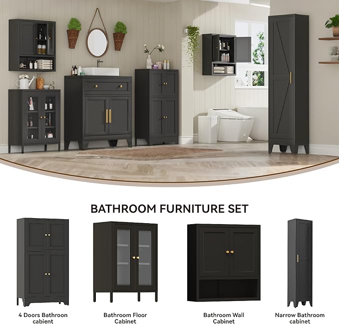 Narrow Metal Cabinet with 4 Adjustable Shelves and Barn Doors, Tall Bathroom
