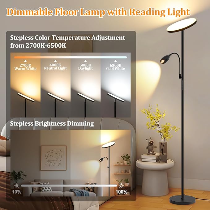 LED Torchiere Floor Lamp with Gooseneck Reading Light, Remote Control Standing
