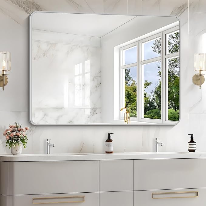 48x36 Inch Silver Bathroom Mirror, Large Rectangular Vanity Mirror, Metal