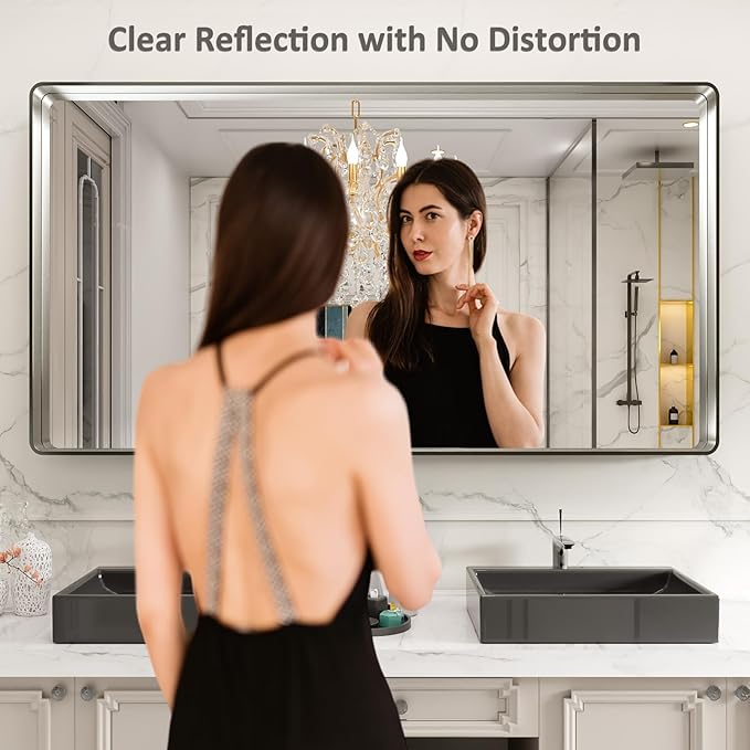 LOAAO 72X32 Inch Brushed Nickel Bathroom Mirror, Rounded Rectangle Silver Metal