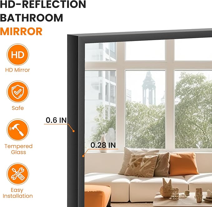 Bathroom Vanity Mirror for Wall, HD Shatterproof Glass, Hangs Horizontally or