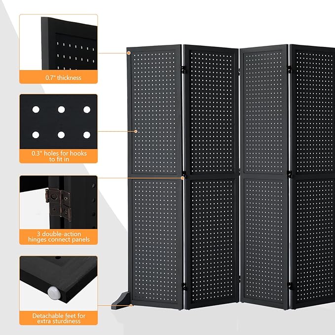 Bonnlo 4/6 Panel Pegboard Freestanding, 5 FT Portable Display Board Organizer