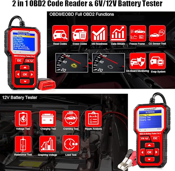 KONNWEI KW681 OBD2 Scanner 6V 12V Car Battery Tester, 2 in 1 Car Diagnostic
