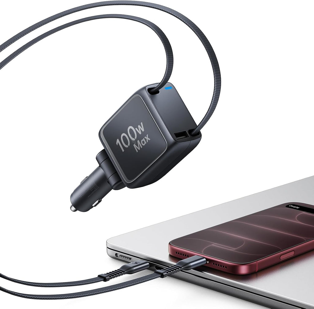 esr xtend 100w retractable car charger with avs shown in use