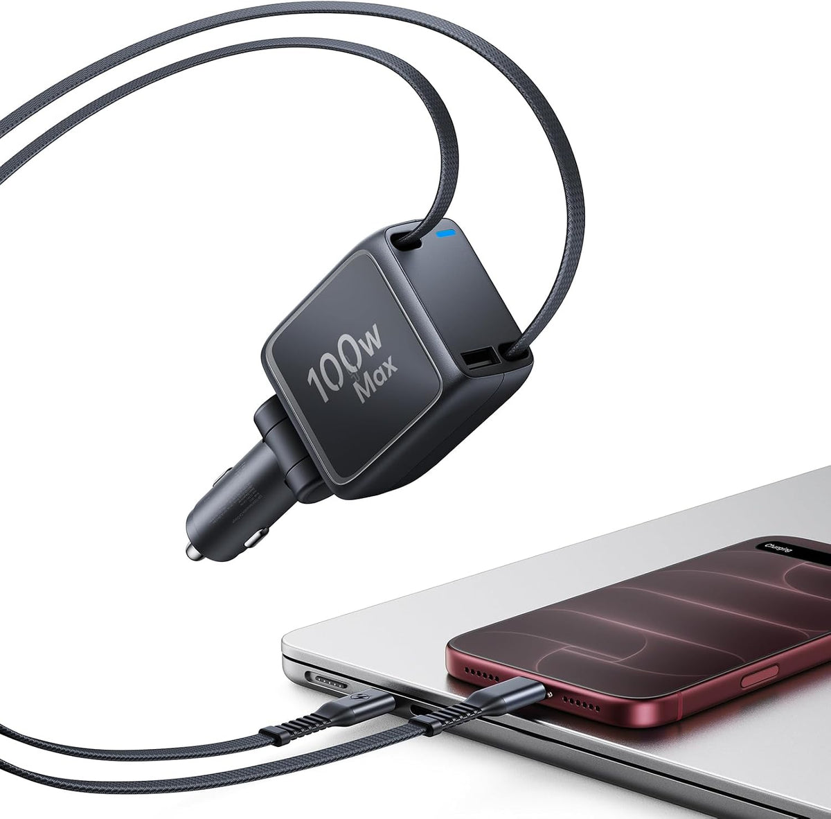 esr xtend 100w retractable car charger with avs shown in use