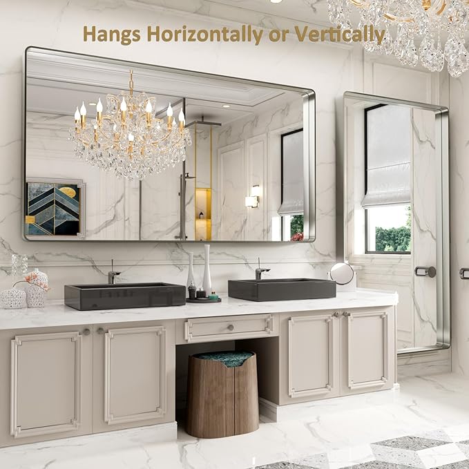 LOAAO 77X36 Inch Brushed Nickel Bathroom Mirror, Rounded Rectangle Silver Metal