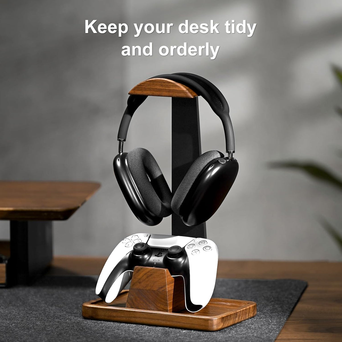 upergo walnut headphone stand with controller holder &, close-up detail