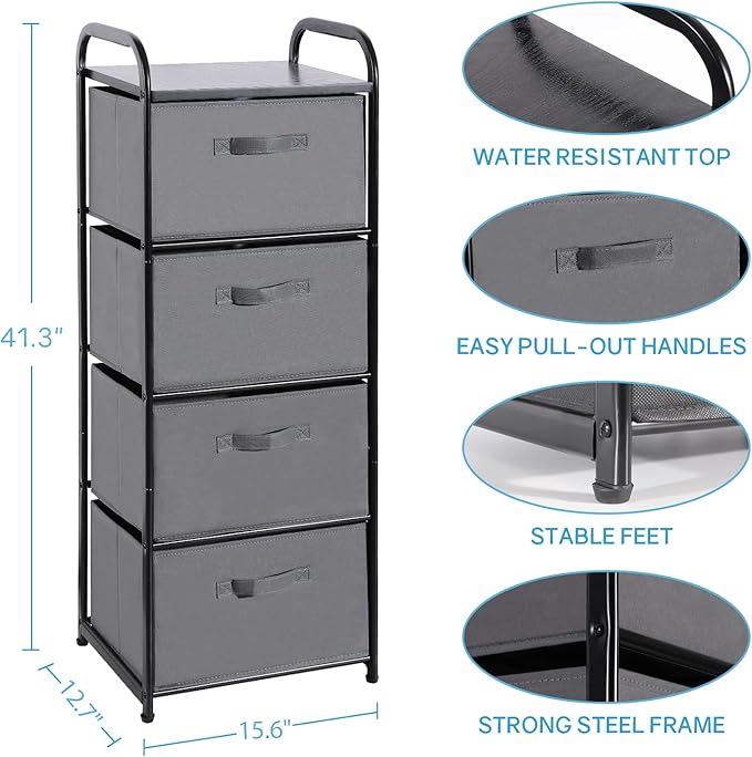 MAX Houser 4 Drawer Fabric Dresser Tall Storage Tower, Dresser Chest
