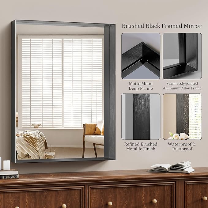Koonmi 30x40 Inch Black Metal Framed Bathroom Mirror