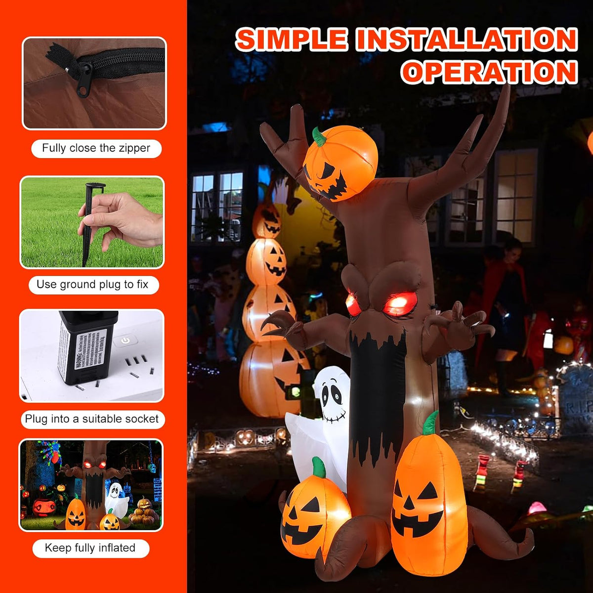 9ft Pumpkin Ghost Tree Halloween Inflatable Outdoor Decoration, Courtyard Decoration with LED Lights, for Outdoor Lawn, Garden, Family Vacation Party