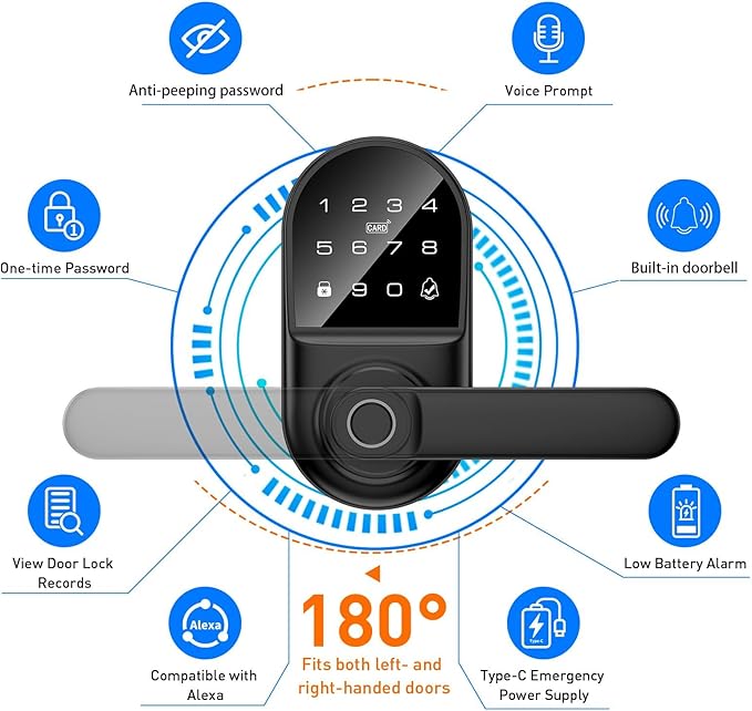 Smart keypad Door Lock with Handle，Fingerprint Keyless Entry Digital Lock with