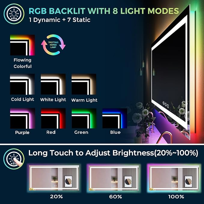YEELAIT 66x40 Inch RGB LED Bathroom Mirror Front Light and RGB Backlit Lighted