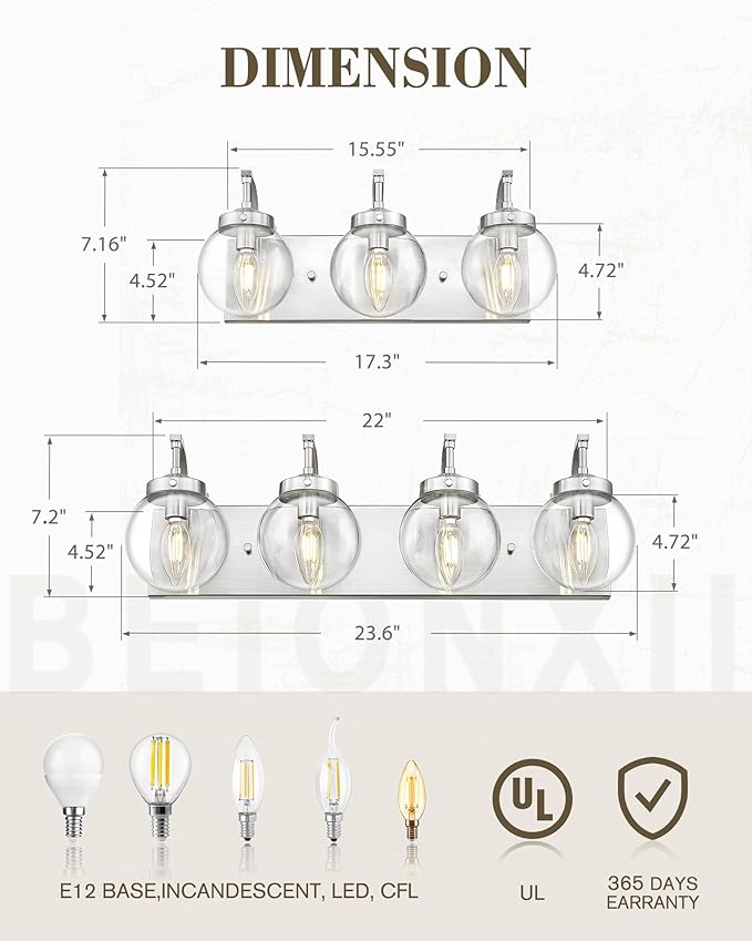 Beionxii Brushed Nickel Bathroom Light Fixtures, 3-Light Bathroom Vanity Light