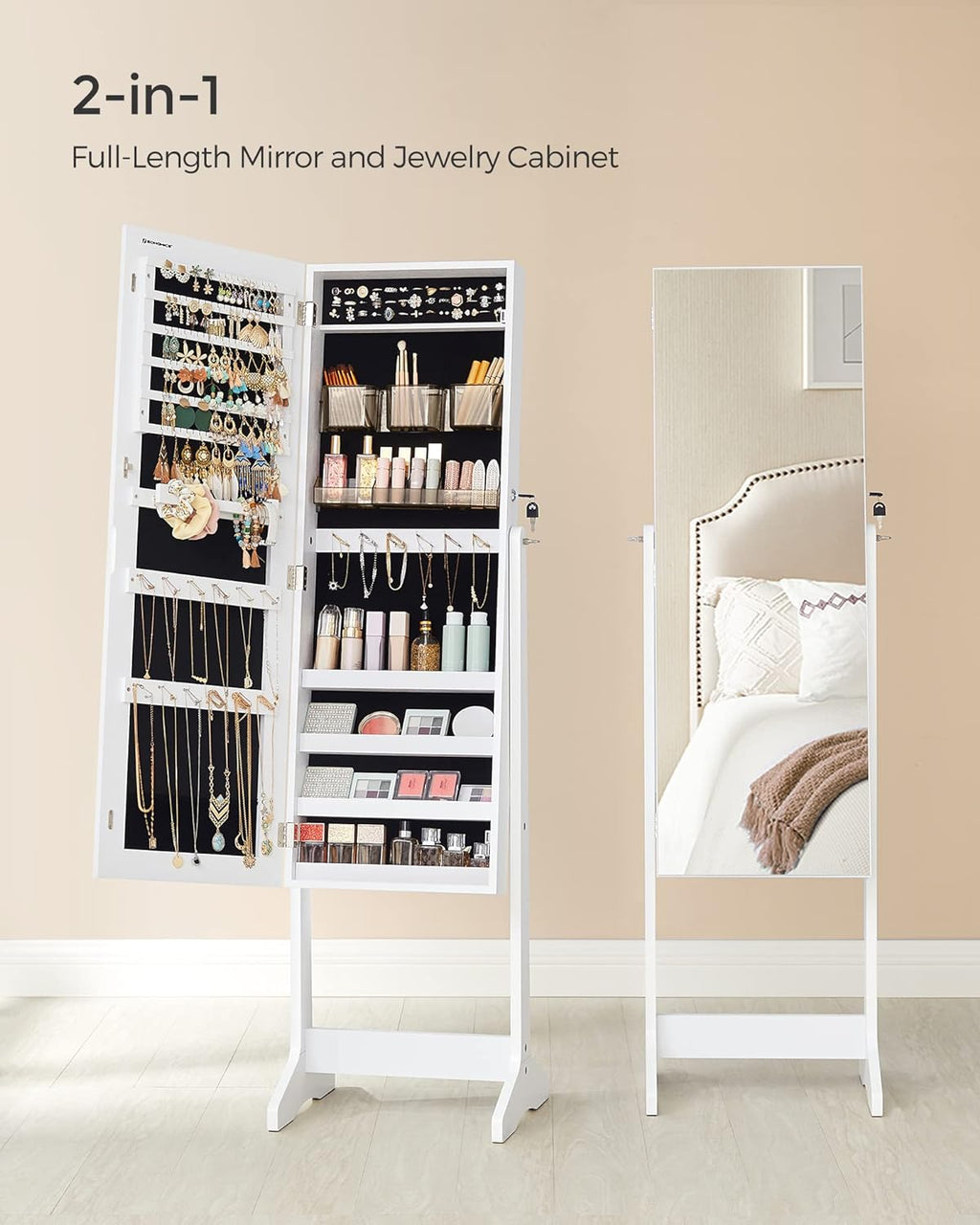 SONGMICS LED Jewelry Cabinet Standing, Lockable Armoire | Freestanding Storage Organizer with 2 Plastic Cosmetic Storage, Full-Length Mirror, for Necklace Earring, White UJJC002W01