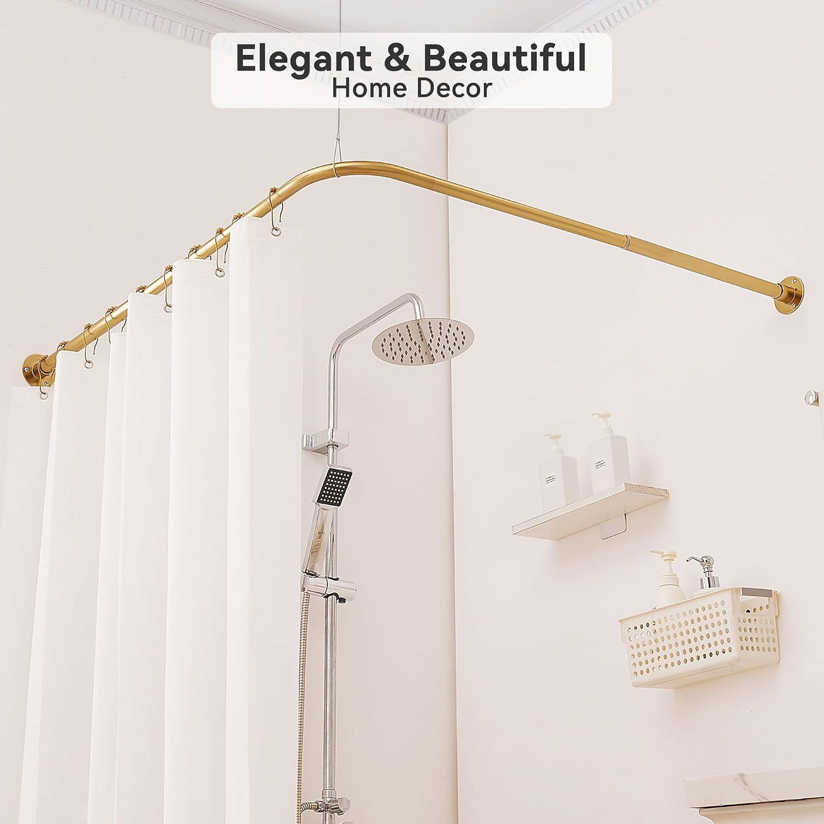 L Shaped Corner Shower Curtain Rod, [23.6"-52"] x [23.6"-52"] Heavy Duty 90 Degree Adjustable Shower Pole for Bathroom, Bathtub & Outdoor with 12 Hooks & Ceiling Support - Gold