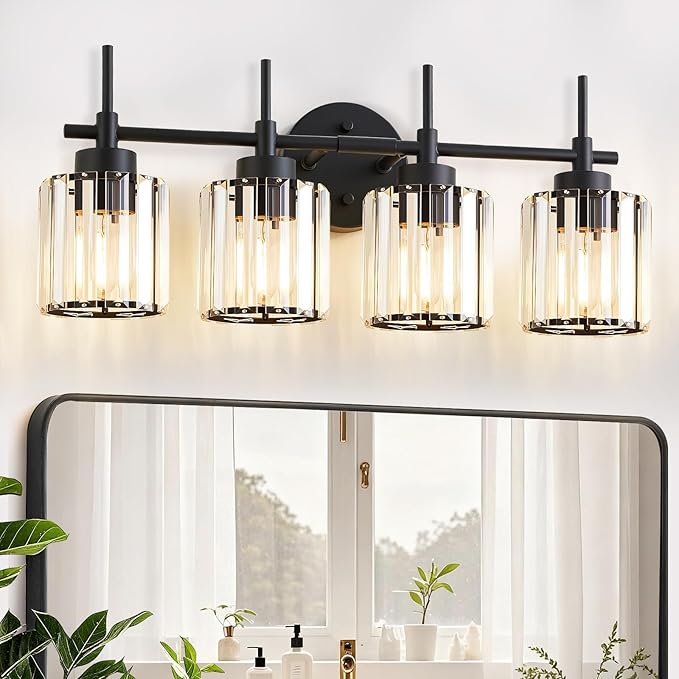 EJIAXIN 4 Light Round Crystal Vanity Lights, Modern Black Crystal Wall Light
