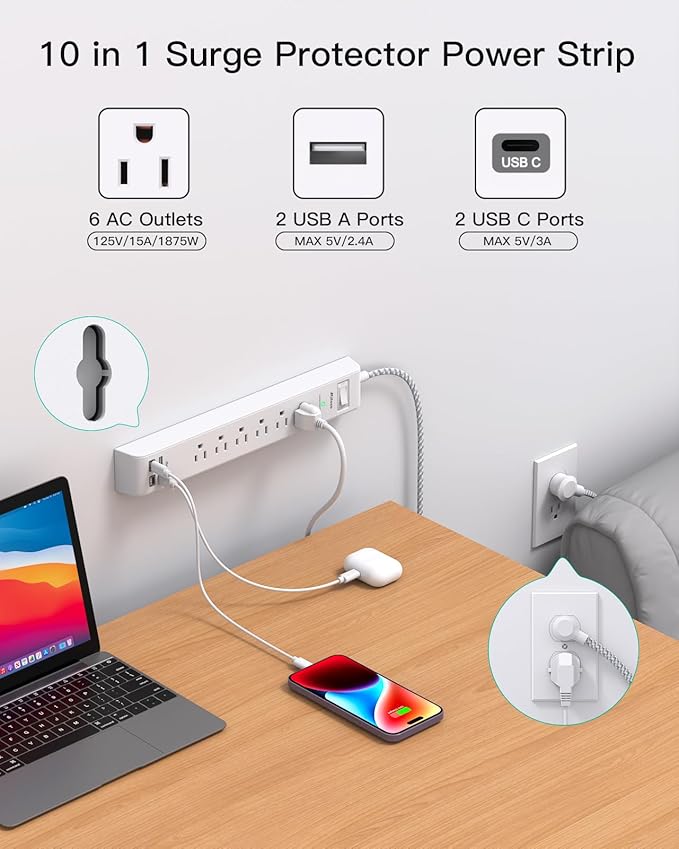 2 Pack Power Strip, 12FT Long Extension Cord, Surge Protector