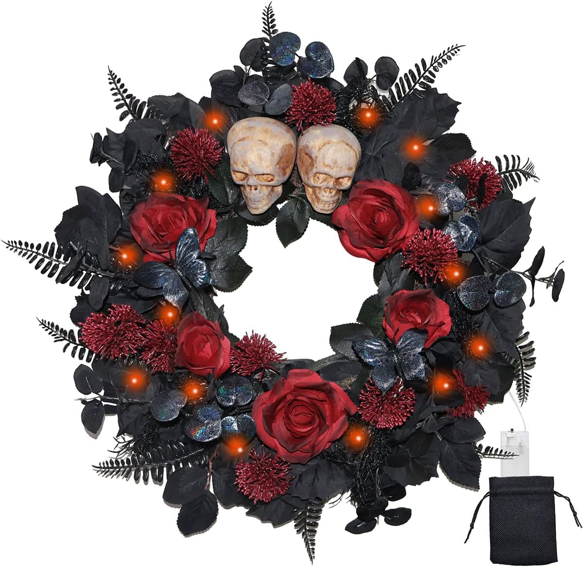 22 Inch Lighted Halloween Wreath with 40 Orange LEDs and 2 Skulls
