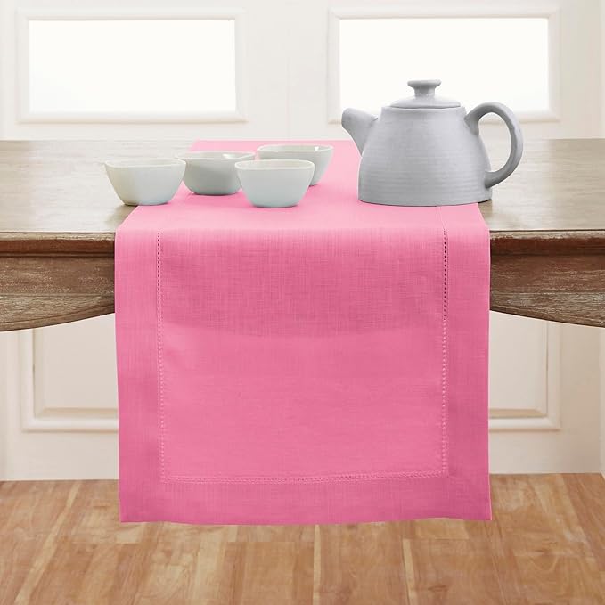 Solino Home Linen Flamingo Pink Hemstitch Table Runner 60 Inches - 100% Pure Linen Small Table Runner 14 x 60 Inch Ideal for Dresser and Coffee Tables - Classic Hemstitch, Halloween