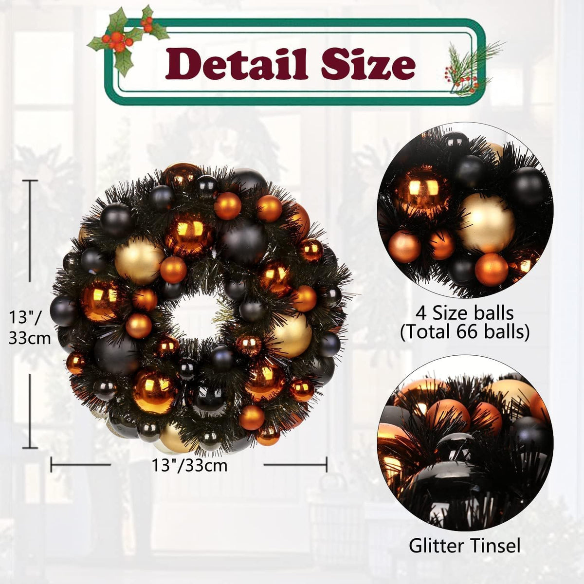 Halloween Black Ball Wreath 13" Xmas Wreaths Ornaments Glitter Thicken Shatterproof Garland Decoration for Door Wall Mantel Christmas Holiday Party Decor, Orange & Black & Gold