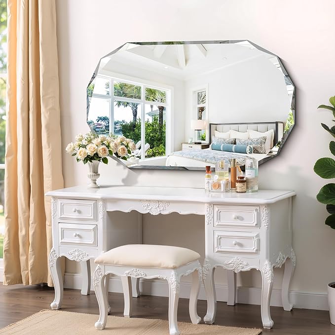 GLASHOM Frameless Bathroom Mirror, 30x48 inch Beveled Bathroom Mirror Wall