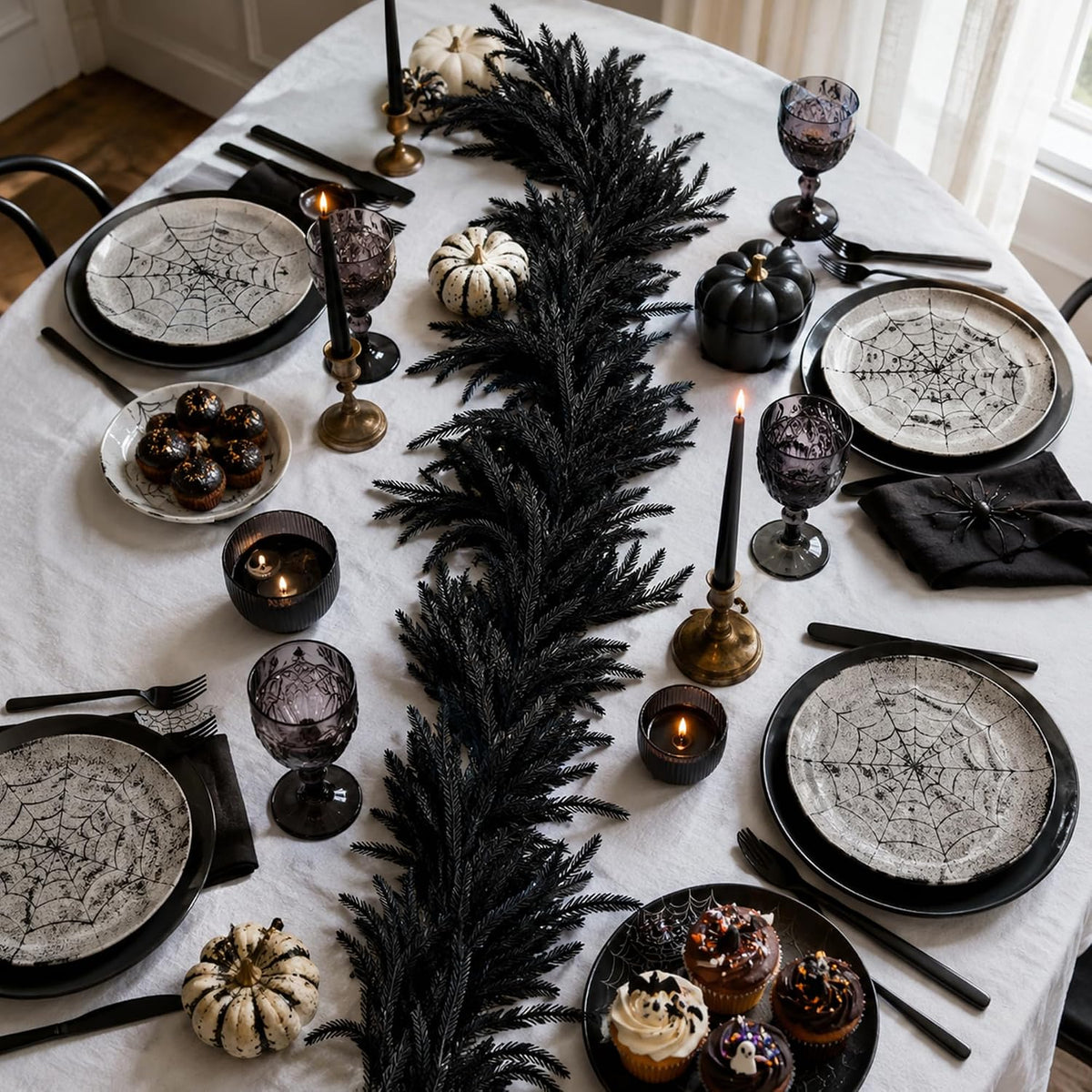2 Pcs 6ft Black Halloween Norfolk Pine Garland,Vine Twig Mantle Decoration