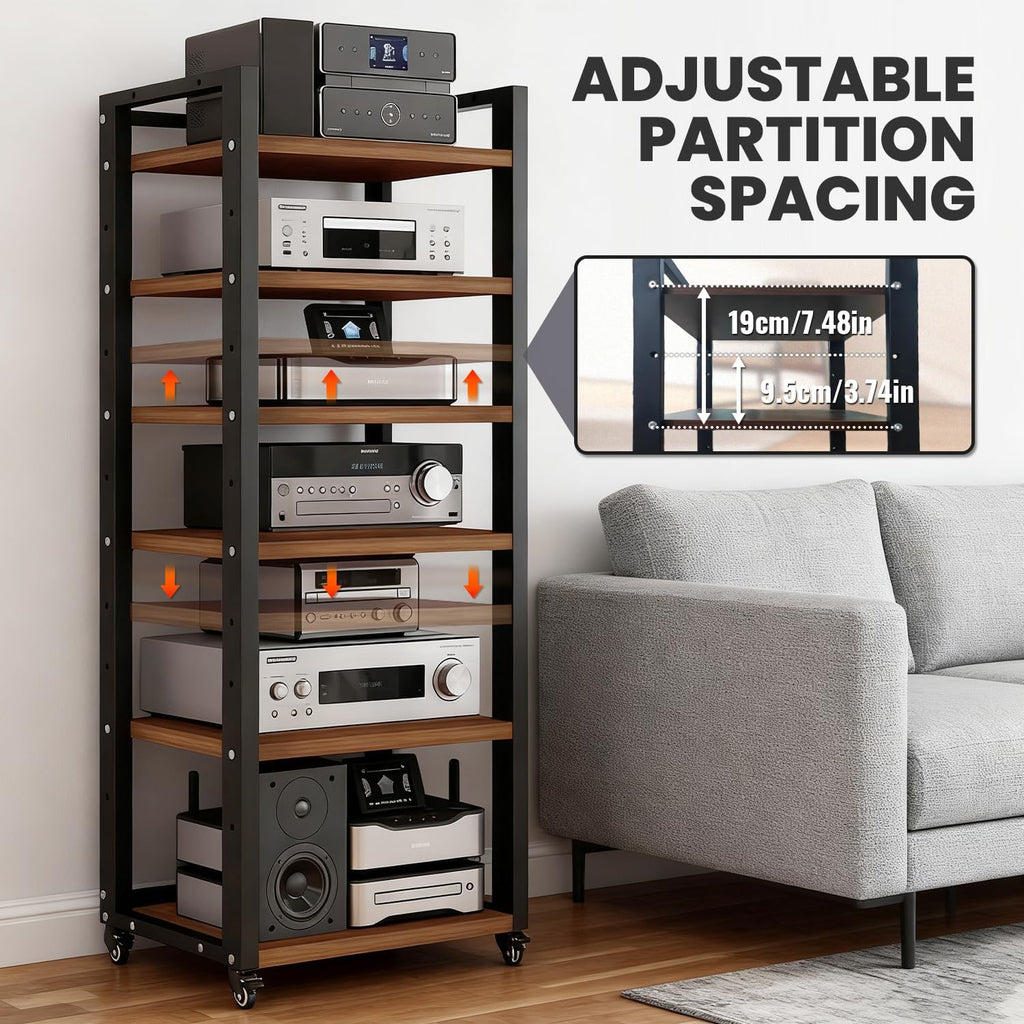6-Tier AV Media Stand with Wheels, Modern Stereo Racks and Stands