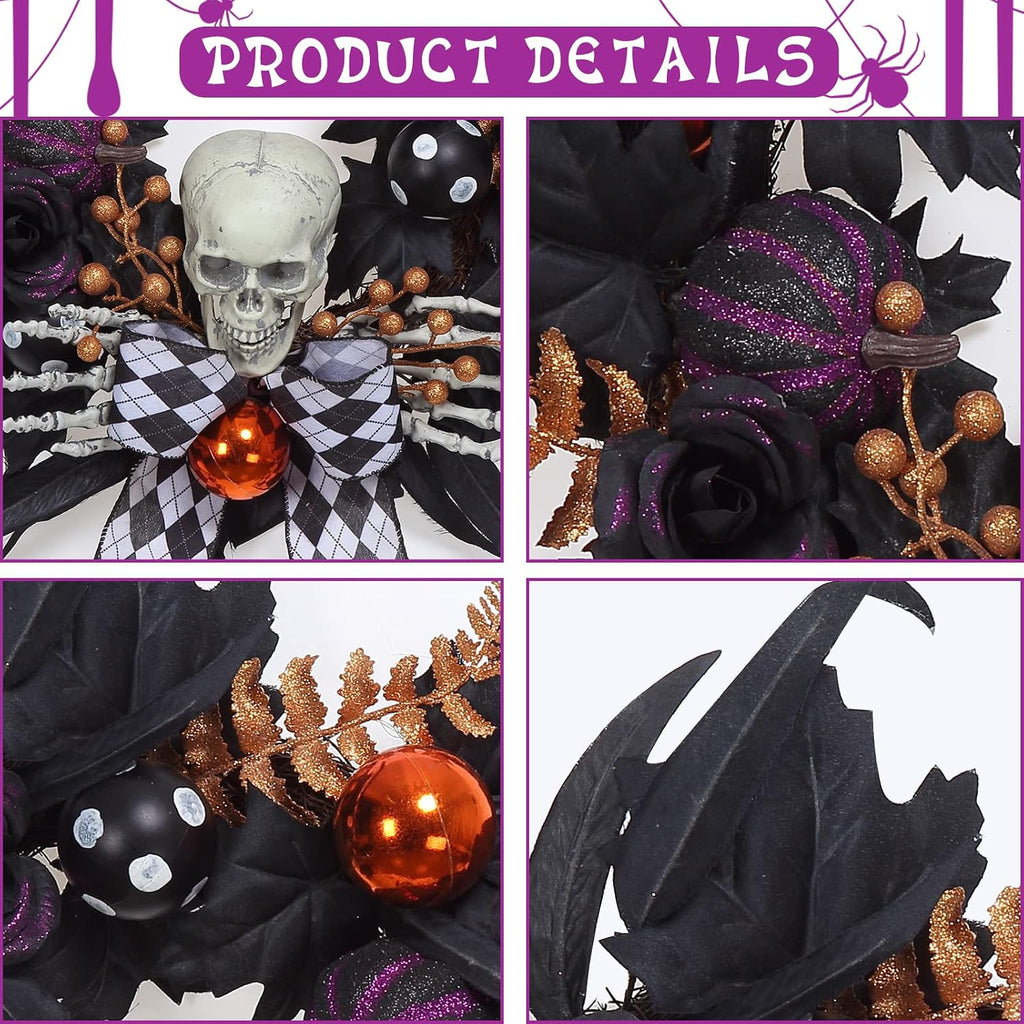 Halloween Wreath for Front Door Halloween Skeleton Decorations, 20 Inch Pumpkin Wreath with Skull Black Roses Maple Leaves for Window Indoor Outside Home Party Decor