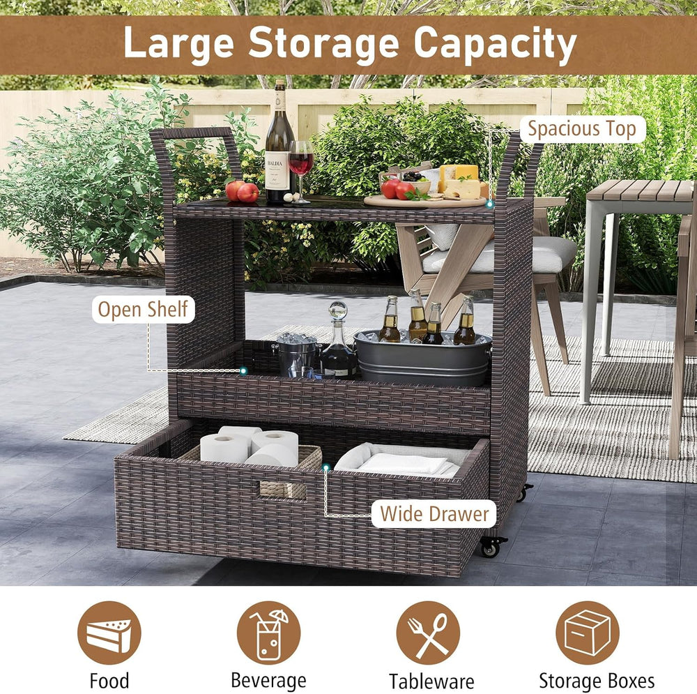 Tangkula Rolling Rattan Bar Cart,Bar Counter Table with Tempered Glass Top